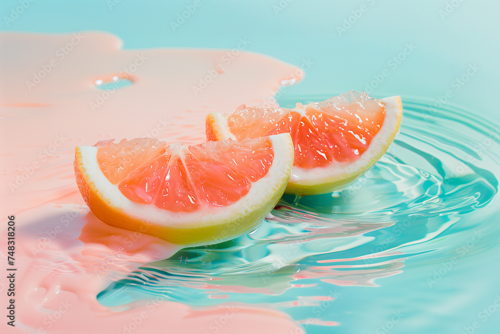 A vibrant, fresh image of halved grapefruit slices resting on a wavy turquoise surface, resembling summer vibes. Fruit melting on a hot sunny day. A vibrant, fresh image of halved grapefruit slices resting on a wavy turquoise surface, resembling summer vibes. Fruit melting on a hot sunny day.