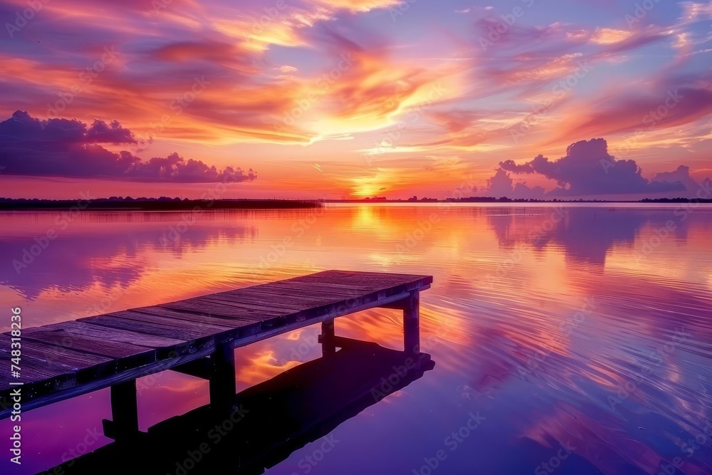 Obraz premium Tranquil sunset scene over a calm lake The sky painted with hues of orange and purple Reflecting on the water's surface for a breathtaking view
