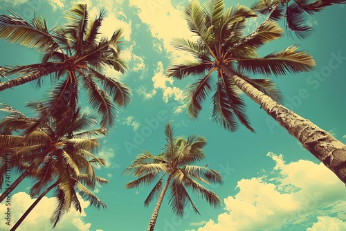 Tropical beach paradise captured from an upward angle Focusing on the lush palm trees against a vintage-style blue sky