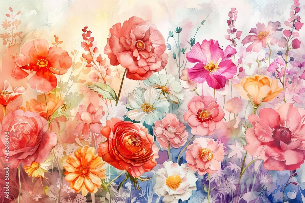 Watercolor painting of a diverse array of flowers Showcasing the beauty and variety of floral designs. ideal for artistic and decorative themes