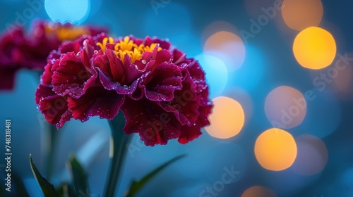 a close up of a red flower with water droplets on it s petals and blurry lights in the background.