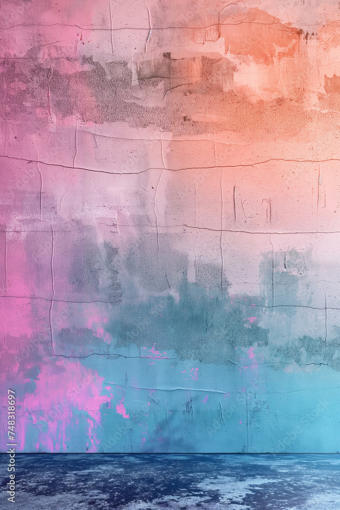 Detailed shot of a textured wall with pastel pink, blue, and purple paint peeling. Wallpaper, poster, backdrop or background idea.