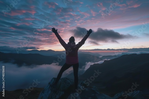 Woman celebrating personal achievement at the summit of a mountain Her silhouette against the dawn sky Embodying freedom and success