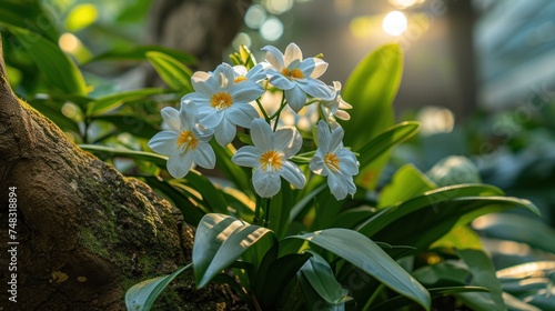 a group of white flowers sitting on top of a lush green leaf covered forest filled with lots of green leaves. photo