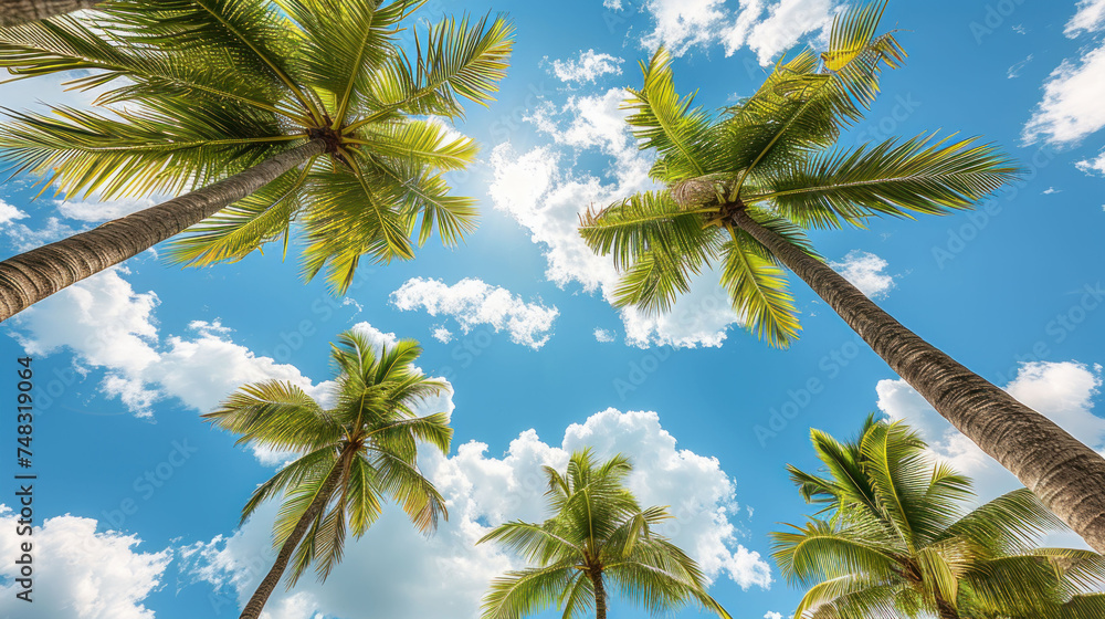 a group of palm trees reaching up into the blue sky with a few clouds in the middle of the picture.