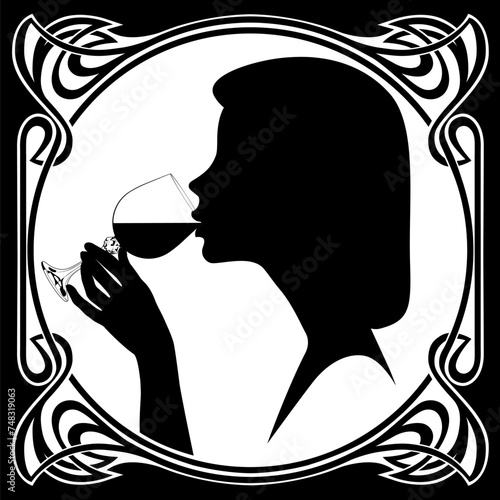 Black silhouette of woman with a glass and drinking wine in round vintage decorative frame in Art Nouveau style. Retro stylized drawing. Vector illustration © Raman Maisei