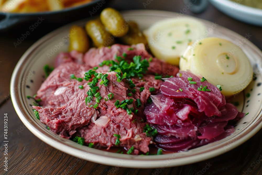 A plate of Labskaus, a traditional dish from Northern Germany made from corned beef, potatoes, onions, and beetroot, which is usually served with pickled gherkins, rollmops, or herring