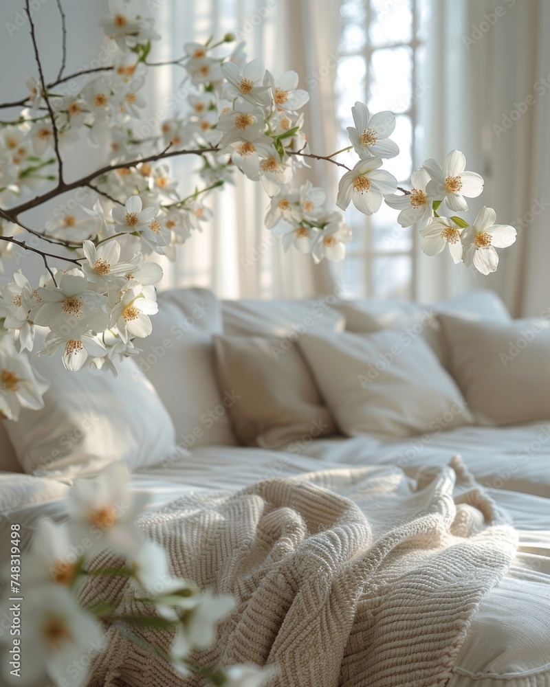 A living room featuring a white couch adorned with white pillows A living room featuring a white couch adorned with white pillows