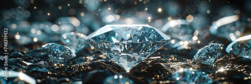 Close-up view of a central diamond encircled by smaller diamonds in a sparkling display photo