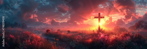 A cross positioned in the center of a field with the sun setting in the background