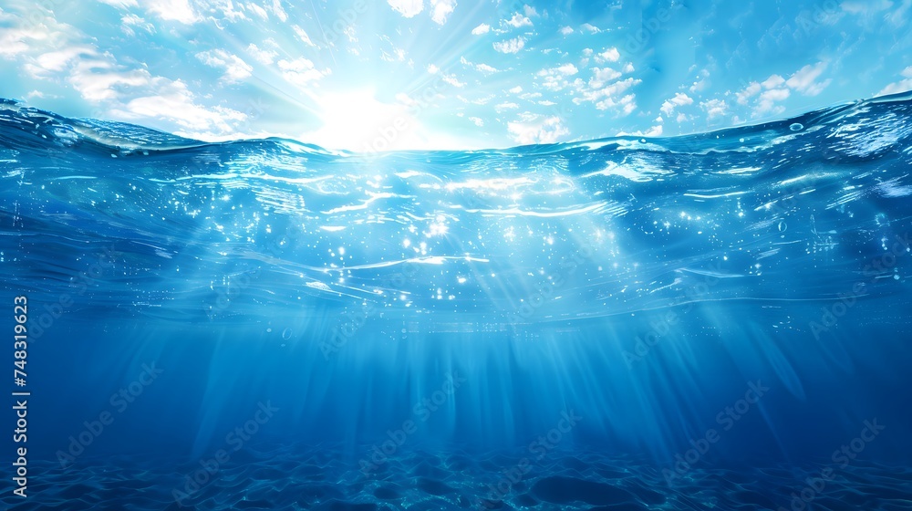 Tranquil sea water surface on a sunny day, Underwater sea in sunlight, tropical blue ocean underwater background