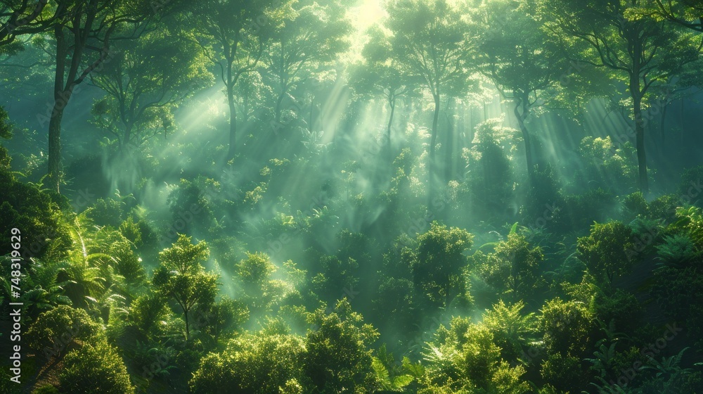 Dense forest with towering green trees stretching into the horizon Dense forest with towering green trees stretching into the horizon