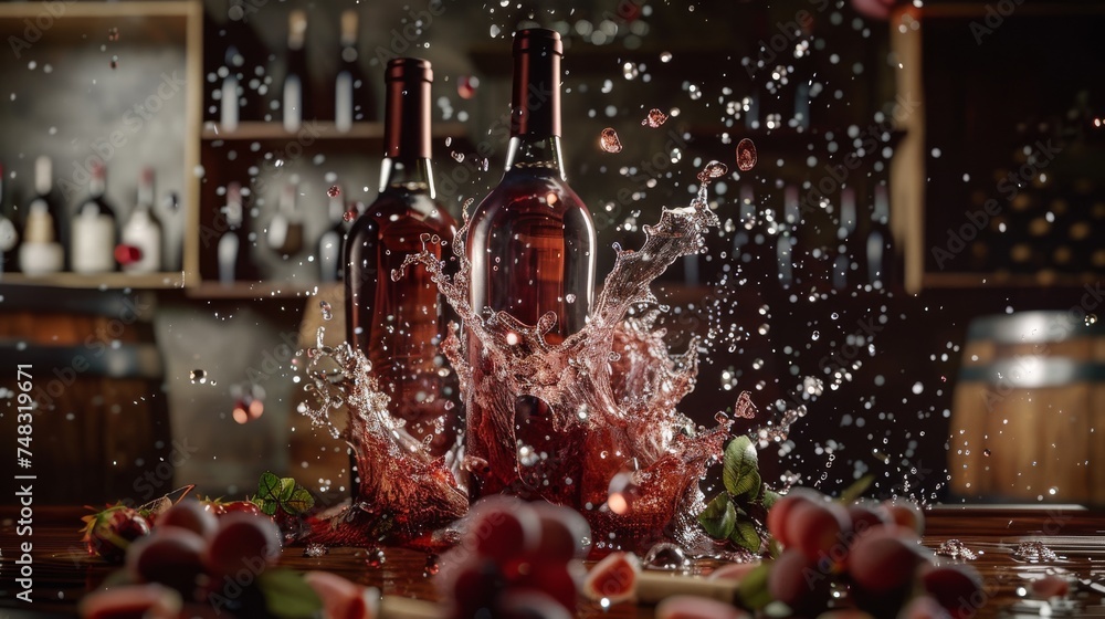 bottles with wine on the background of water splashes
