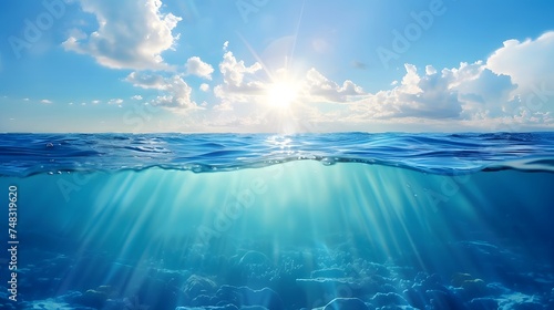 Tranquil sea water surface on a sunny day, Underwater sea in sunlight, tropical blue ocean underwater background