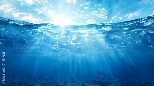 Tranquil sea water surface on a sunny day  Underwater sea in sunlight  tropical blue ocean underwater background