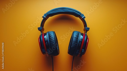 Pair of headphones placed on a bright yellow background