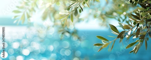 olive branch hangs between a tree and the ocean
