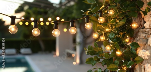 outdoor light string hanging on a tree with green leaves