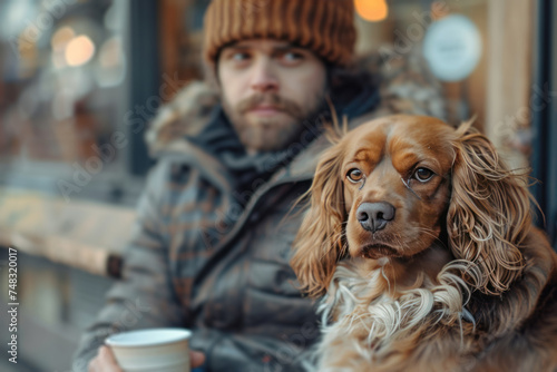 man sitting holding coffee cup with dog © olegganko