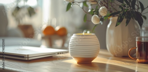 on the desk at home with laptop