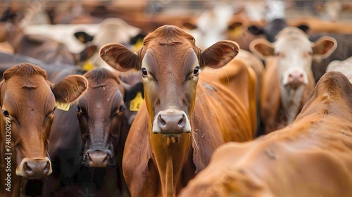 Farming Ranch Beef cattle farming and large group of cows domestic animals inside cowshed waiting for food. 