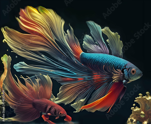 digital artwork with colorful Betta fish with beautiful long fins and tail against black background. close up. Ai generated