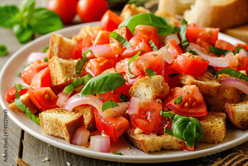 A plate of panzanella, a Tuscan bread salad made with stale bread, tomatoes, onions, and basil photo