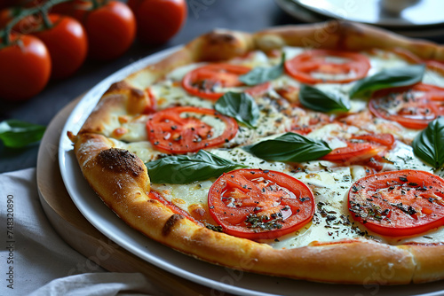 A plate of pizza margherita, a simple but delicious Neapolitan pizza topped with olive oil, garlic, basil, tomatoes, mozzarella, and Parmesan cheese