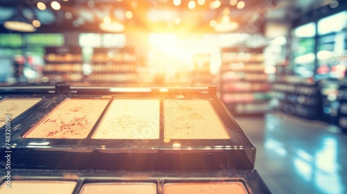 a close up of a makeup palette in a store with the sun shining down on the products in the background. photo