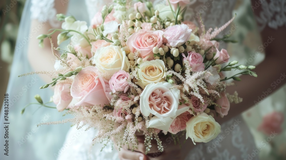 a close up of a bride holding a bouquet of pink and white flowers with greenery on the side of her dress. a close up of a bride holding a bouquet of pink and white flowers with greenery on the side of her dress.