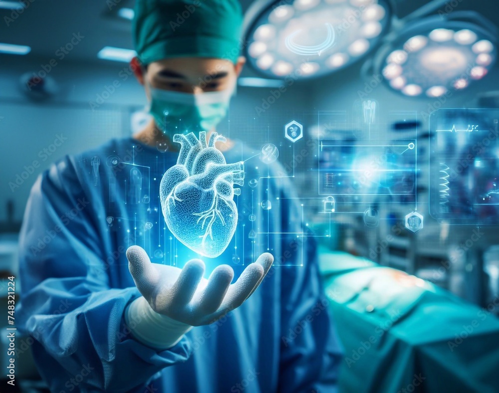 Doctor in operating room and heart system graphic hologram technology generative ai art Doctor in operating room and heart system graphic hologram technology generative ai art