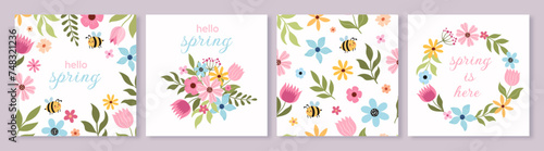 Spring flower cards with bees, flowers and plants
