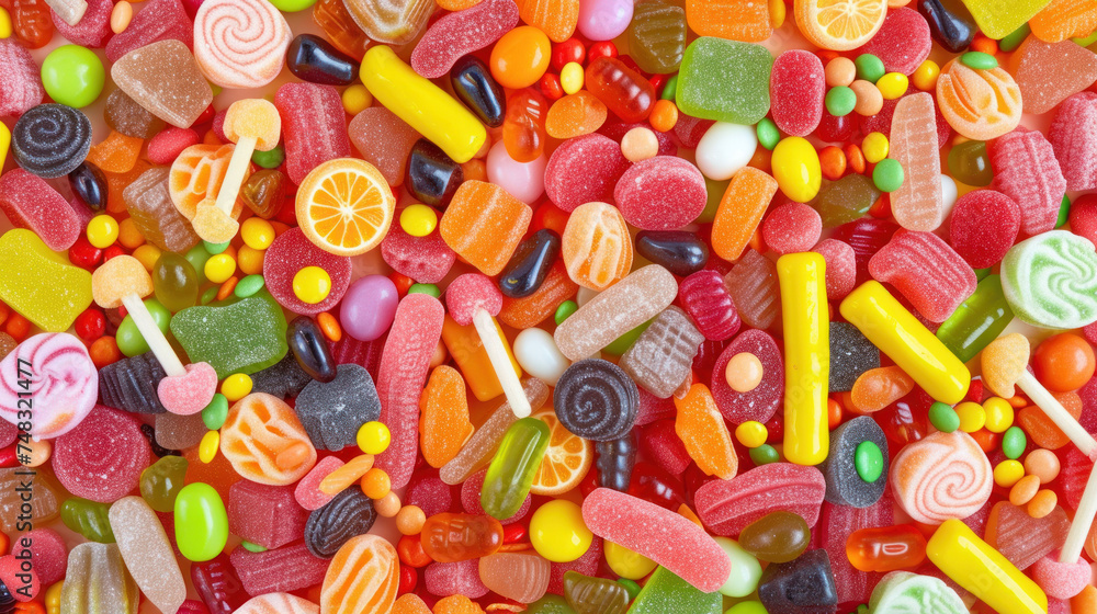 a pile of colorful candies and lollipops next to each other on a pile of other candies. a pile of colorful candies and lollipops next to each other on a pile of other candies.