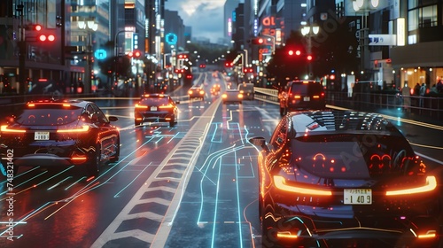 Visualization of the interaction of self-driving autonomous vehicles. Robotic cars are controlled by AI, driving along a busy city avenue, scanning the road with sensors, exchanging information. 