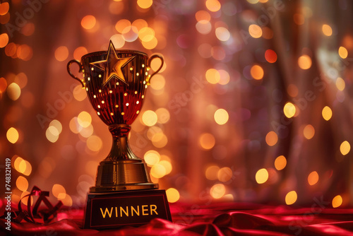 Gleaming Trophy with 'Winner' Plaque on Bokeh Background