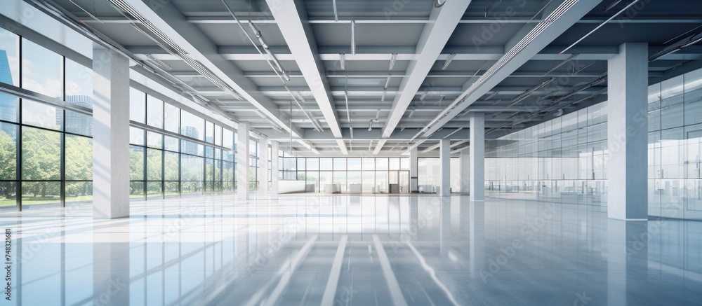 An open-plan, modern, and spacious room with a high ceiling and numerous large windows letting in ample natural light. The room is empty, creating a sense of vastness and potential. An open-plan, modern, and spacious room with a high ceiling and numerous large windows letting in ample natural light. The room is empty, creating a sense of vastness and potential.