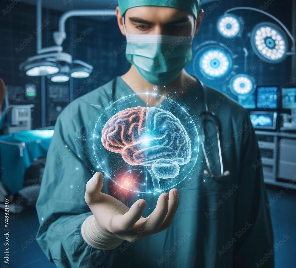 Doctor in operating room and brain system graphic hologram technology generative ai art Doctor in operating room and brain system graphic hologram technology generative ai art