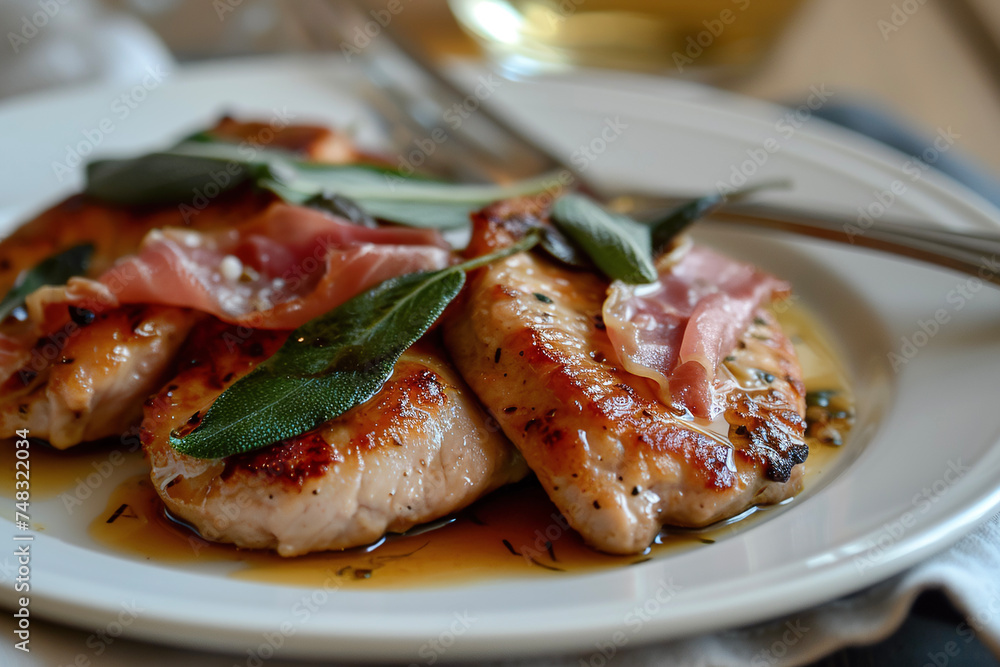 A plate of saltimbocca alla romana, a classic Roman dish made with veal cutlets, prosciutto, and sage