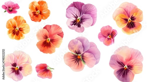 a group of different colored pansies on a white background with one flower in the middle and the other flower in the middle. © Olga