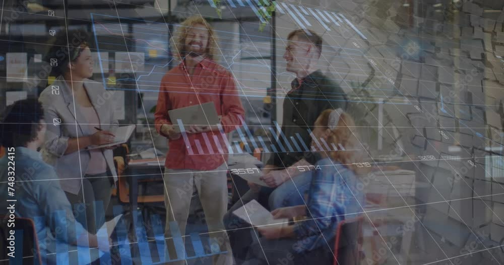 Animation of data processing and diagrams over diverse colleagues discussing work