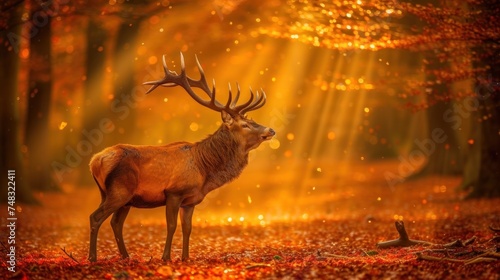 a deer standing in the middle of a forest with bright lights coming through the trees and leaves on the ground.