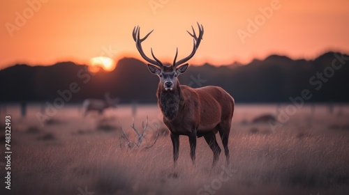 a deer standing in the middle of a field with the sun setting in the back ground and trees in the background. © Olga