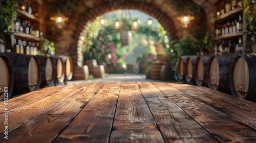 A wooden table covered with numerous wine barrels