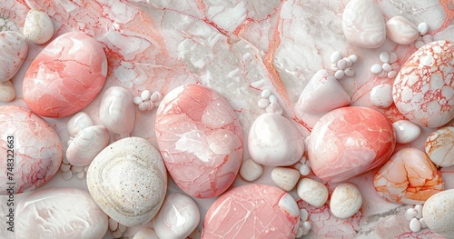 pink stone and white pebbles in marble background with white and pink stones ...