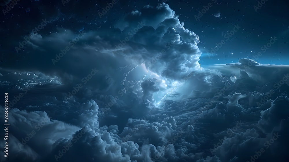 Thunderstorms dark sky seen from space High-altitude light up the night sky, Stormy cyclone swirling, Typhoon, Hurricane, catastrophe lightning, Concept on the theme of weather, natural disasters