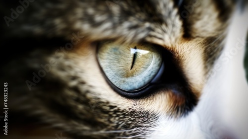 a close up of a cat's eye with a blurry image of the cat's face in the background.