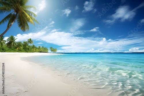serenity holiday feeling beautiful beach and tropical sea with green coconut trees, clear blue sky 