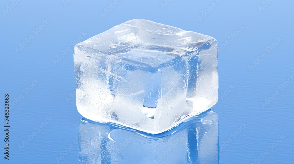 a block of ice sitting on top of a blue water covered ground with a reflection of the ice in the water. a block of ice sitting on top of a blue water covered ground with a reflection of the ice in the water.