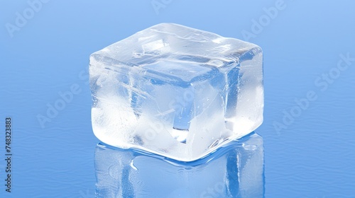 a block of ice sitting on top of a blue water covered ground with a reflection of the ice in the water.