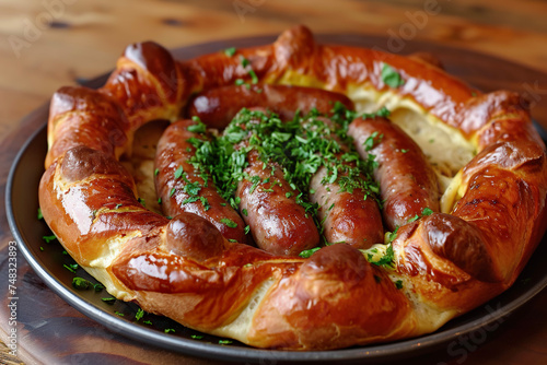 A plate of toad in the hole, a traditional English dish made of sausages baked in a Yorkshire pudding batter